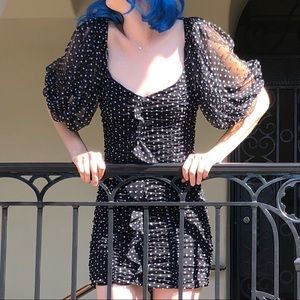 Mesh Polka Dot Mini Dress w/Puff Sleeves